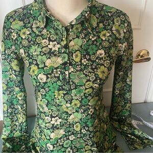 Zara green floral print, long sleeve, button-down mini dress - Sz Med - 60s 70s